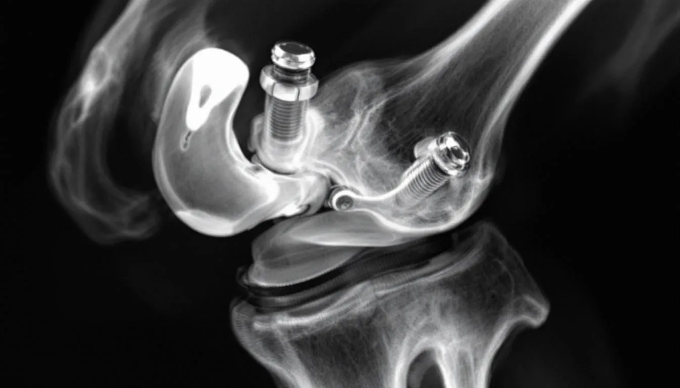 An X-ray image displays a successful surgical correction of patellar luxation, highlighting the hardware placement in the knee joint of a dog, which is crucial for restoring normal alignment of the patella. The image indicates the proper positioning of the patellar ligament and surrounding structures, essential for the dog