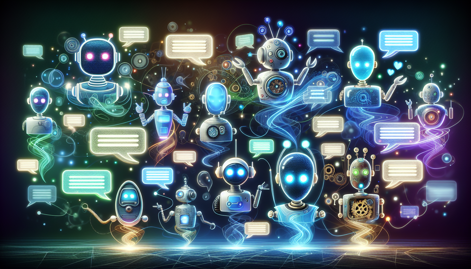 Illustration of diverse AI chatbots conversing online