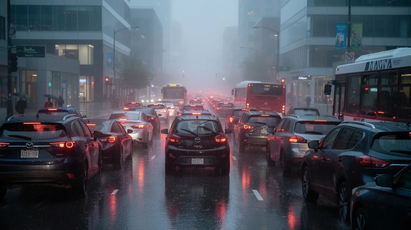 A busy multi-lane intersection in downtown Seattle is depicted during a rainy evening rush hour, with heavy traffic slowing down and brake lights reflecting on the wet pavement. The scene captures drivers focused on the road inside their vehicles, surrounded by modern Seattle buildings shrouded in the characteristic Pacific Northwest rain and fog, evoking a cinematic yet realistic atmosphere without any visible accidents.