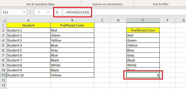 Enter formula to find the row count