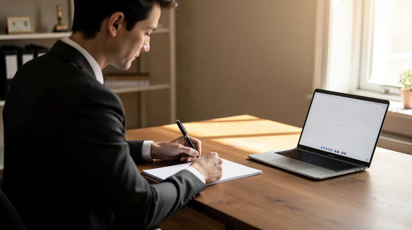 A person is seated at a desk, writing a formal letter with a laptop nearby, possibly addressing issues related to a mudra loan application. The scene suggests a focus on communication and submission of documents, which may include details about eligibility and grievance redressal under the Pradhan Mantri Mudra Yojana.