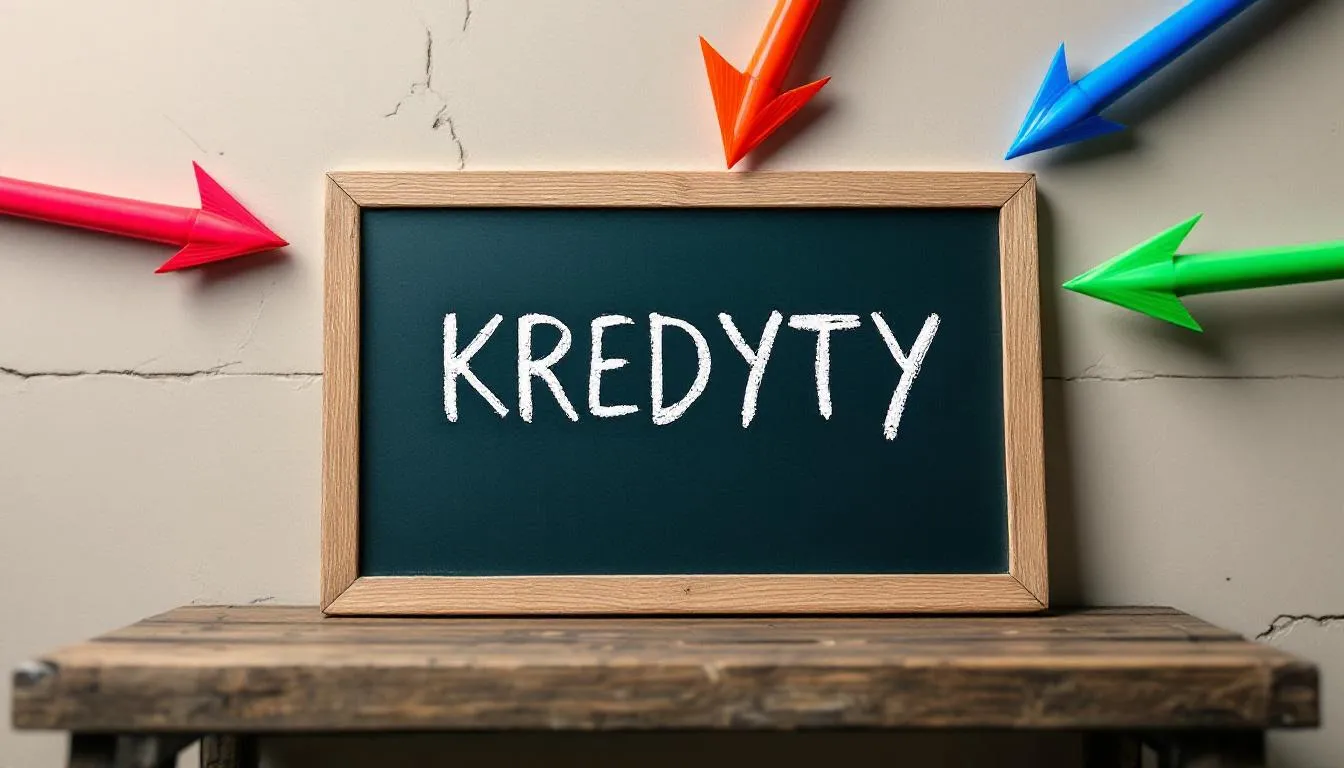 Na tablicy widnieje wyraźny napis "KREDYTY", a wokół niego umieszczone są strzałki wskazujące różne kierunki. Obrazek może symbolizować różnorodność kredytów konsolidacyjnych i ich wpływ na sytuację finansową.