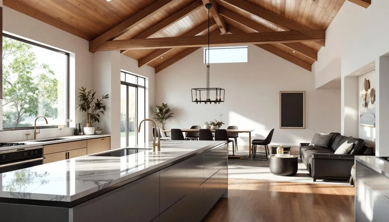 The image showcases the interior of a Valencia Country Club home, featuring an open concept kitchen and living area with high ceilings, designed for both everyday living and entertaining. The space is bright and welcoming, highlighting upgraded wood cabinets and a sizable center island, perfect for a vibrant and relaxing lifestyle in this esteemed gated community.