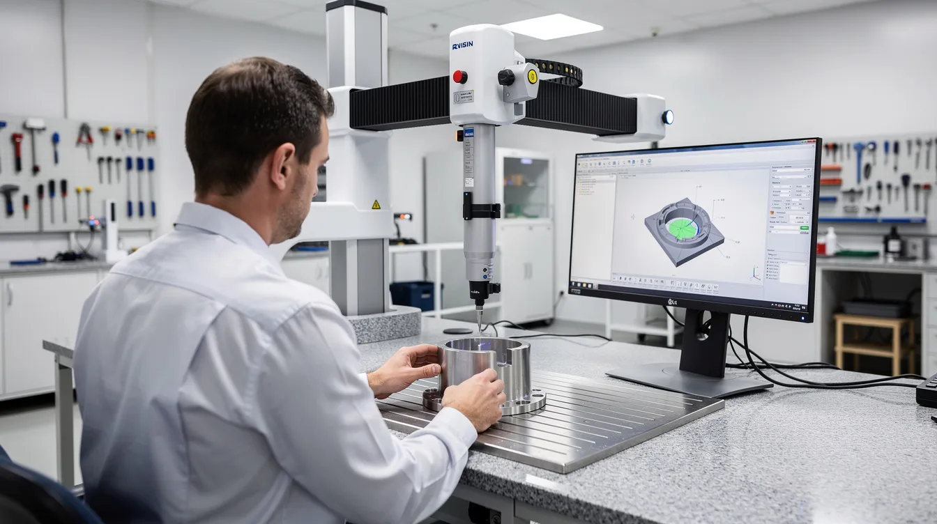 A quality control inspector is closely examining a precision machined part using a coordinate measuring machine in a clean metrology lab, ensuring adherence to stringent quality control standards. This setting highlights the advanced technology and precision machining capabilities essential for producing high-quality CNC machined parts in various industries.