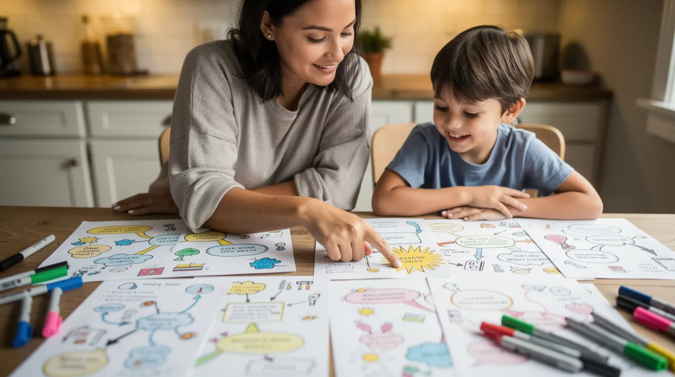 A parent and child are sitting at a table, collaborating on colorful mind maps and visual organizers to enhance communication skills and learning strategies. This engaging activity supports social interaction skills and cognitive functioning, especially beneficial for children with autism spectrum disorder or learning disabilities.