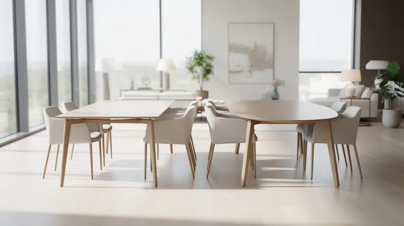The image features two dining tables side by side in a bright showroom, showcasing a rectangular oak dining table and an oval walnut dining table, both designed to accommodate six people comfortably. The warm timber surfaces and sturdy legs create an inviting atmosphere perfect for special occasions with family and friends.