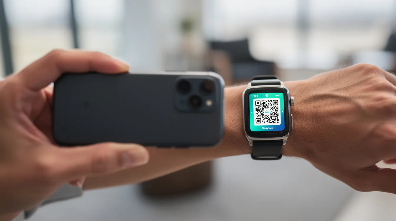 Eine Hand hält ein Smartphone, das auf eine Smartwatch am Handgelenk gerichtet ist, als würde sie den Bildschirm der Apple Watch scannen. Diese Szene zeigt den Prozess der Kopplung zwischen iPhone und Apple Watch, um Informationen und Funktionen zu synchronisieren.