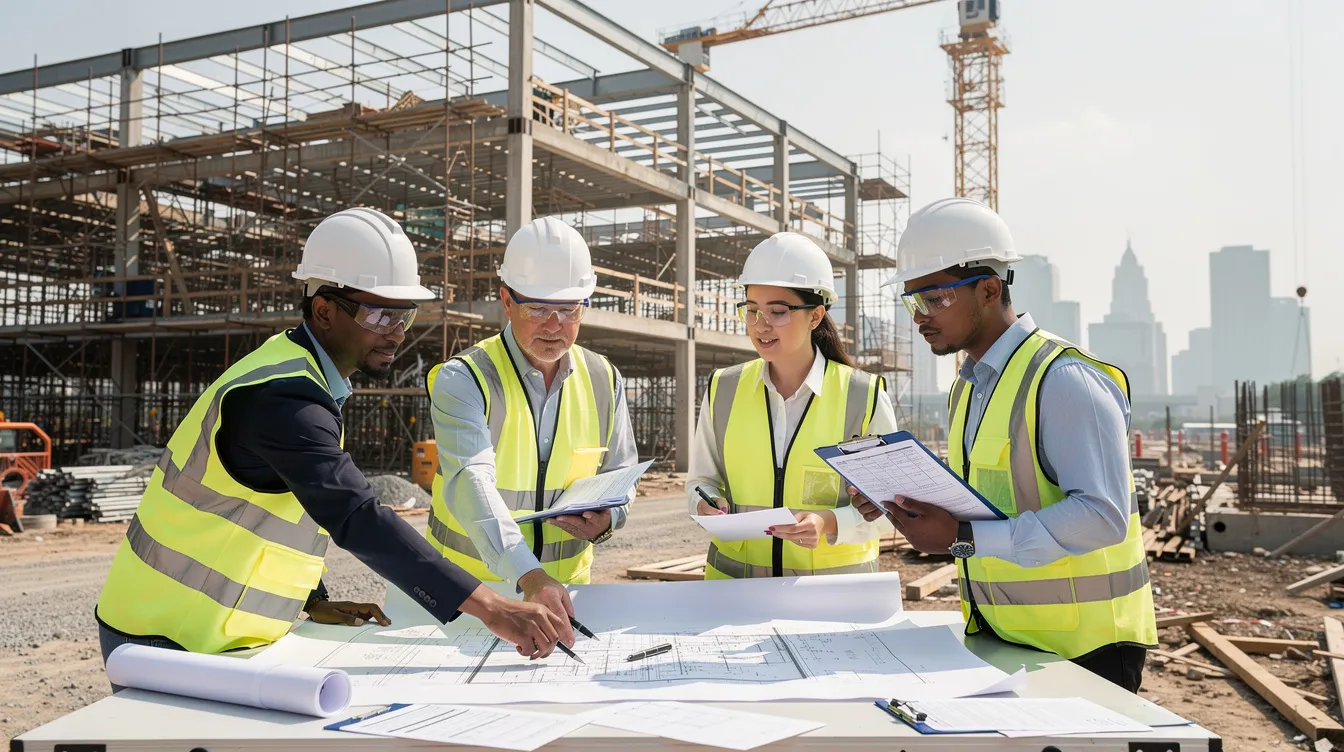 A professional construction team is gathered at a commercial building site, intently reviewing blueprints and documents, showcasing their collaboration and attention to detail in the construction industry. This image highlights the importance of effective communication and planning for successful projects, essential for construction companies aiming to attract prospective clients.