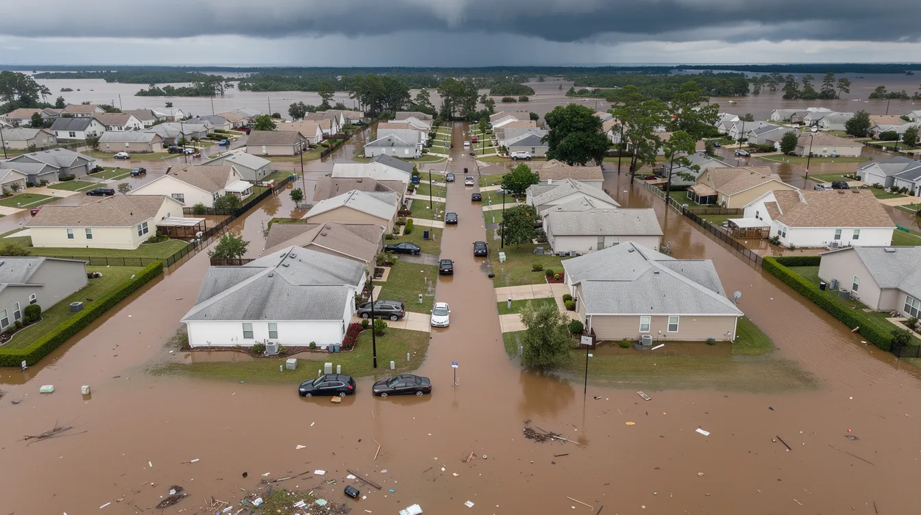 An aerial view of a suburban neighborhood shows homes partially submerged in brown floodwater after a major storm, highlighting the urgent need for flood insurance and awareness of flood risk in high-risk flood areas. The image serves as a reminder for property owners to consider purchasing a separate flood insurance policy to cover potential flood damage.