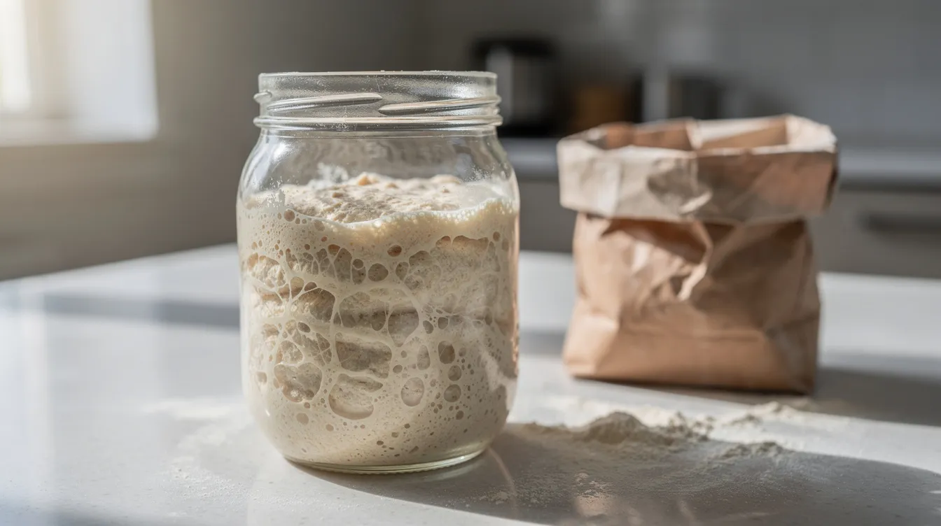 A glass jar filled with a bubbly, risen sourdough starter showcases visible air pockets, indicating active fermentation, and is placed on a kitchen counter beside a bag of flour, essential for baking sourdough bread. This scene captures the early stages of the sourdough bread recipe, highlighting the importance of a healthy starter in the process. Sourdough bread