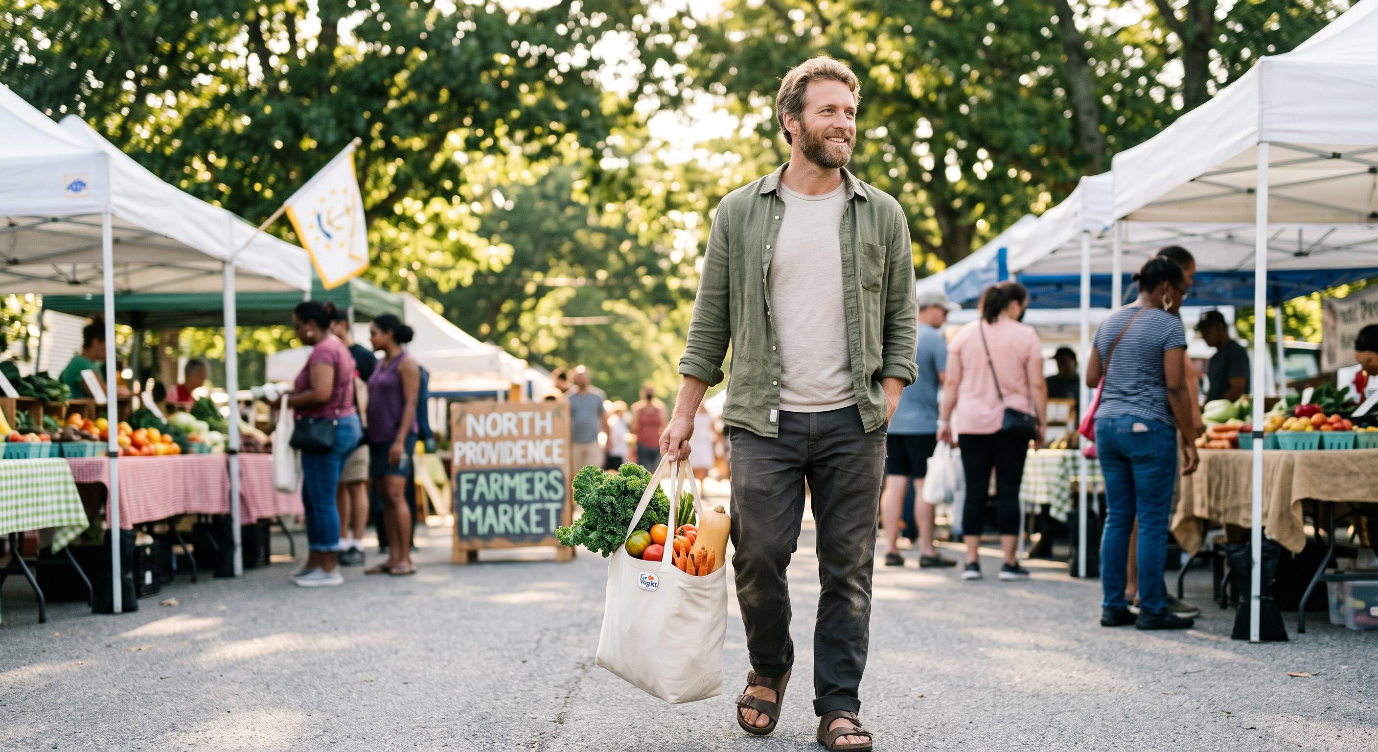 Man walking at a farmer's market with a bag of vegetables