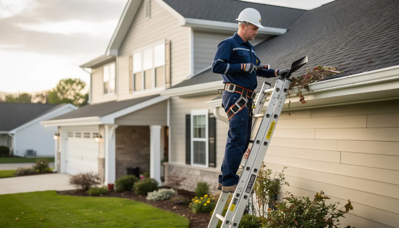 A professional technician is on a ladder inspecting residential gutters, ensuring the proper slope and functionality of the gutter system to prevent water damage. This gutter service is crucial for maintaining the structural integrity of homes in Pueblo, CO, and includes checking for leaks and debris buildup.
