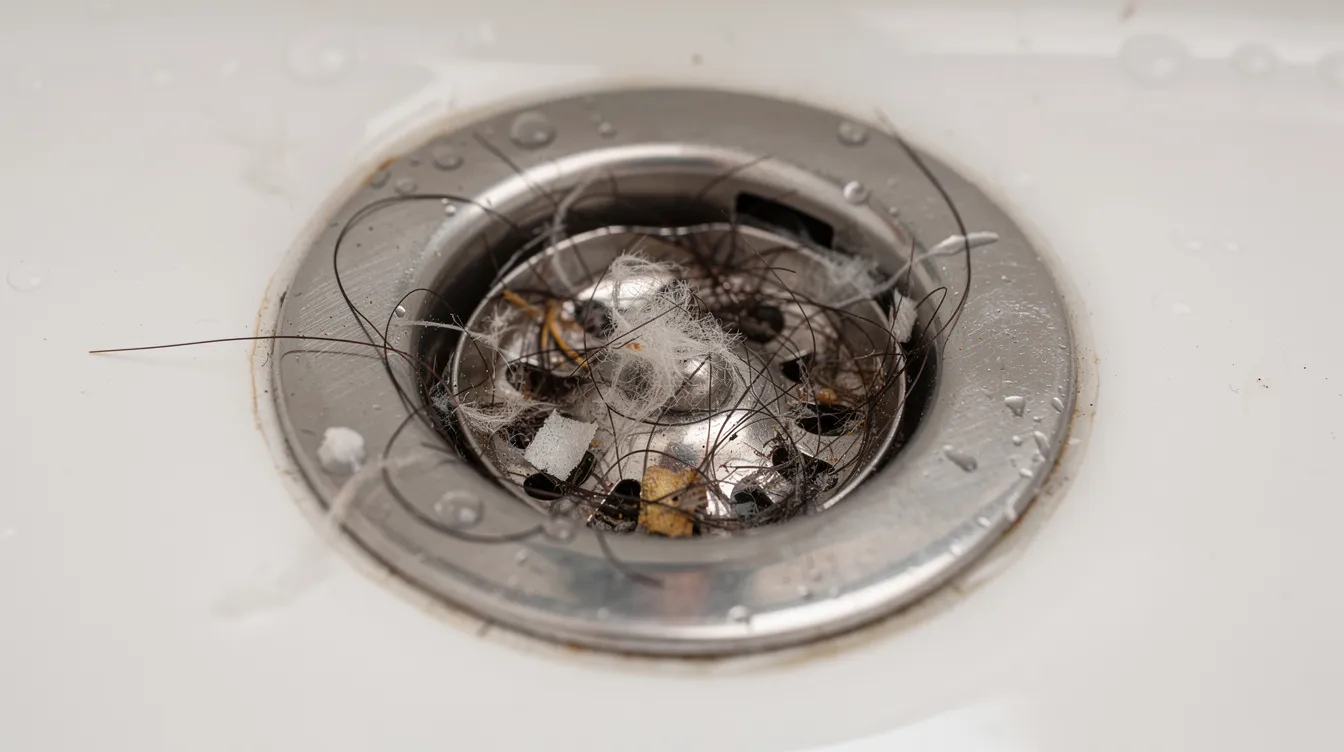 The image shows a drain strainer in a bathroom sink, effectively catching hair and other debris to prevent clogged drains. This simple device plays a crucial role in maintaining the plumbing system and avoiding costly repairs for Tacoma homeowners.
