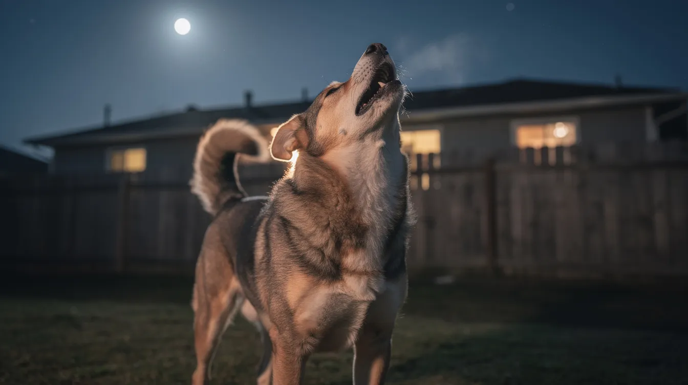 The image depicts a dog howling in a serene outdoor setting, capturing the essence of this natural behavior. The dog's body language suggests a mix of excitement and communication, reminiscent of its wolf ancestors, as it responds to distant sounds or calls from other dogs.