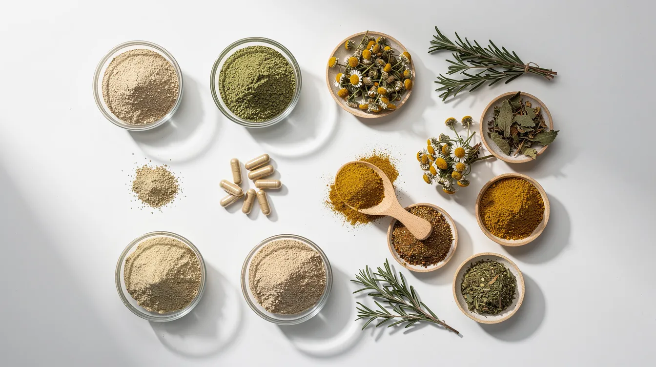 The image features a variety of natural supplement powders and capsules, neatly arranged on a clean white surface, alongside dried herbs. These supplements are designed to support joint health and comfort for pets, particularly beneficial for arthritic dogs dealing with sore stiff joints and inflammation.