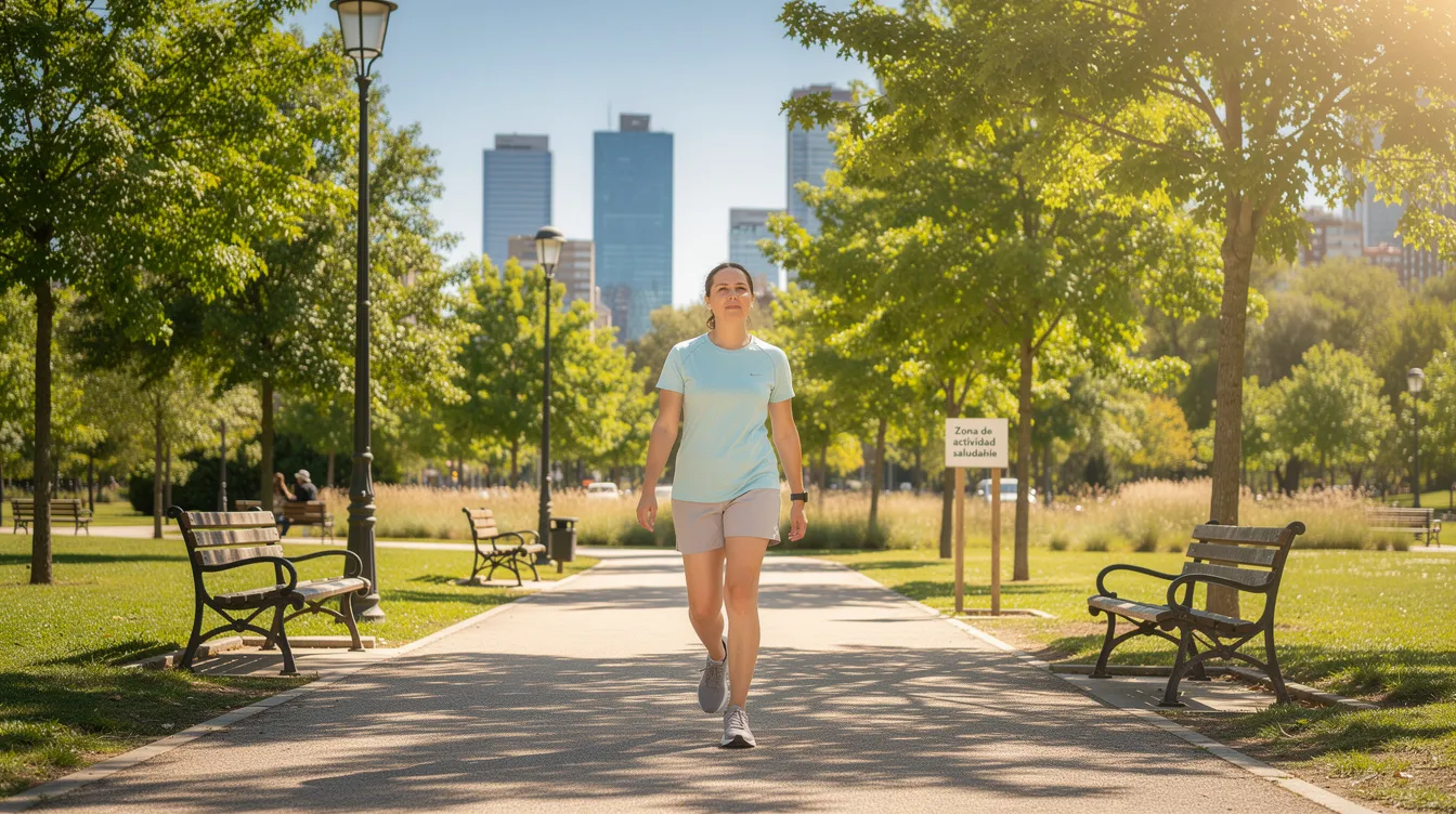 Una persona camina por un parque urbano bajo el sol, simbolizando una recuperación activa después de una cirugía de abdominoplastia. La imagen refleja un estilo de vida saludable y activo, ideal para quienes buscan mejorar su bienestar tras un procedimiento estético.