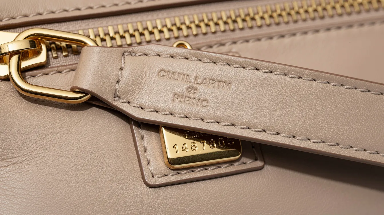 The image showcases a close-up detail of designer handbag hardware, highlighting the intricate stitching and the serial number for authentication, ensuring the piece's status as a preloved luxury item. This close examination reveals the craftsmanship associated with high-end brands like Louis Vuitton and Chanel, making it an essential aspect for buyers and sellers in the pre-owned luxury market.