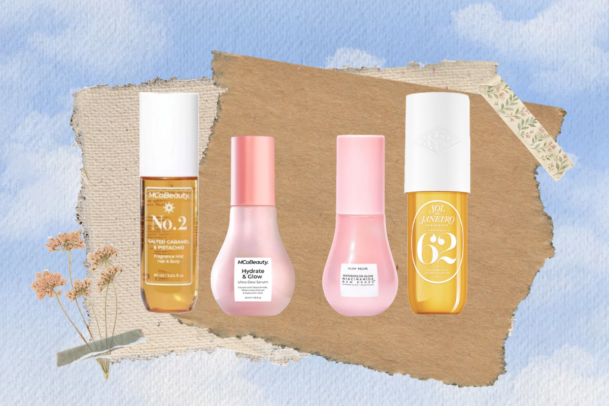 A fragrance spray and serum bottle positioned next to two near-identical MCoBeauty products, using similar packaging and colors.