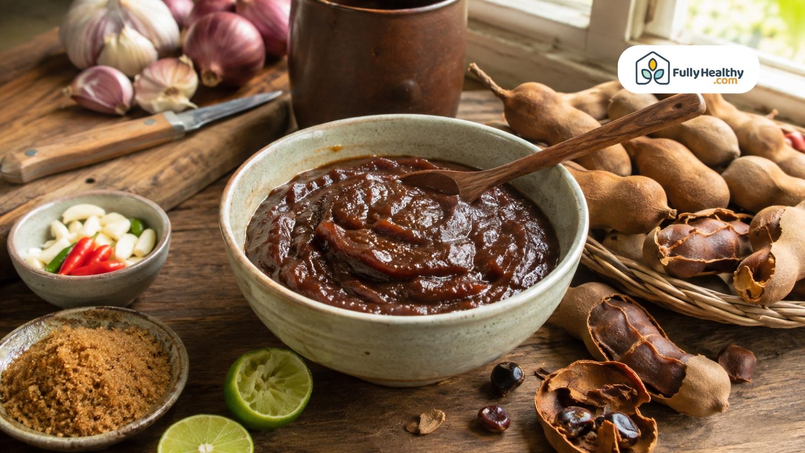 Thick tamarind paste served in bowl beside pods, lime, garlic, and chilies