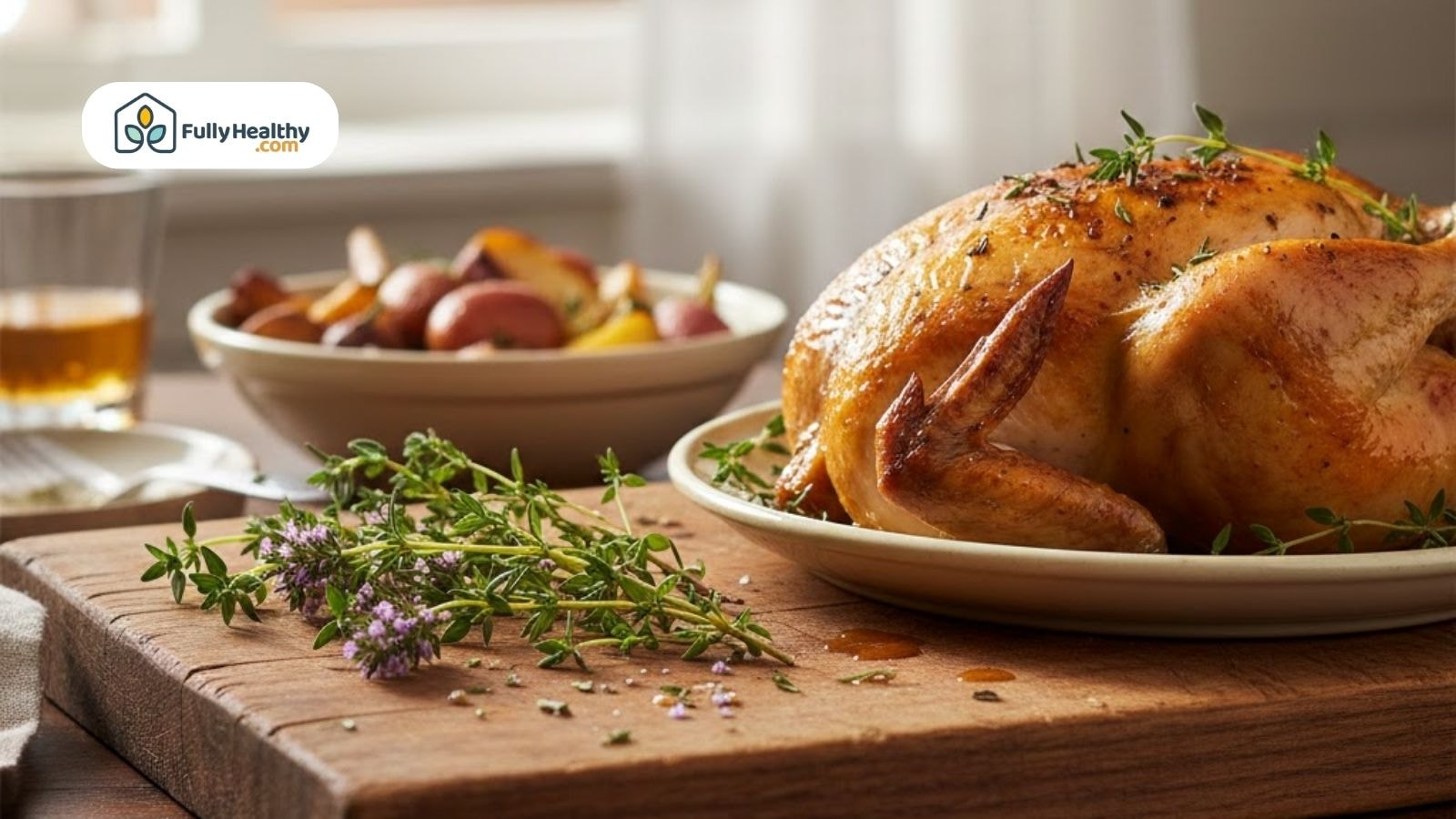 Roasted chicken with thyme sprigs and vegetables on a wooden board.