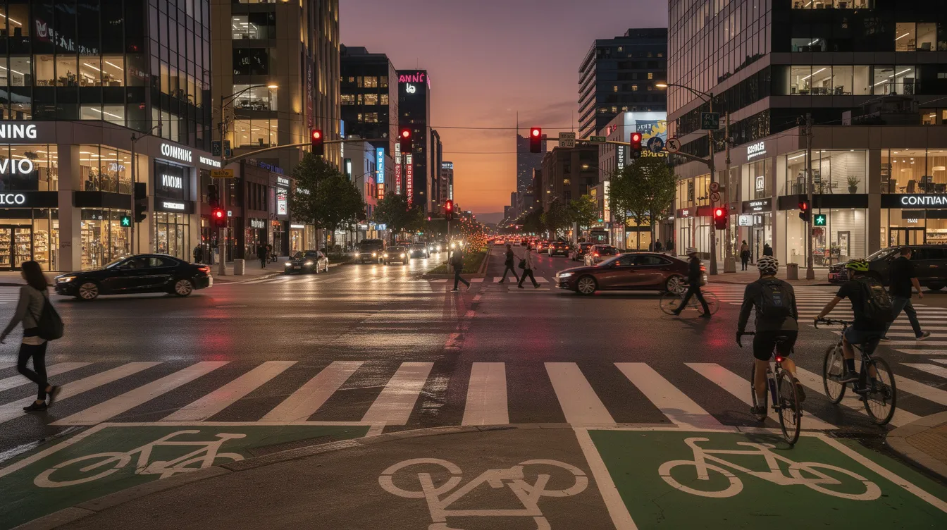 The image depicts a busy urban intersection at dusk, featuring crosswalks and bike lane markings, highlighting the importance of bicycle safety in areas where bicycle accidents can occur. This scene emphasizes the need for awareness among motorists and cyclists alike to prevent serious injuries and protect bicycle accident victims in New Mexico.