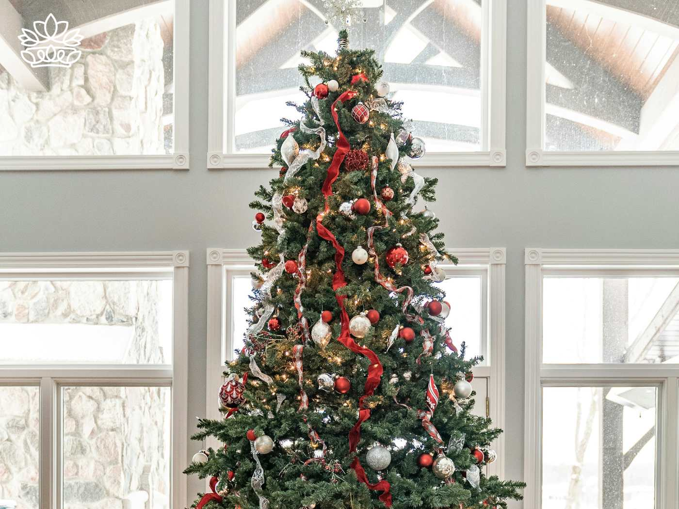A majestic Christmas tree adorned with an array of Christmas flowers, baubles, and a ribbon, bathed in natural light from a sunny window, evoking a festive atmosphere with a Christmas cactus visible, available at Fabulous Flowers and Gifts.