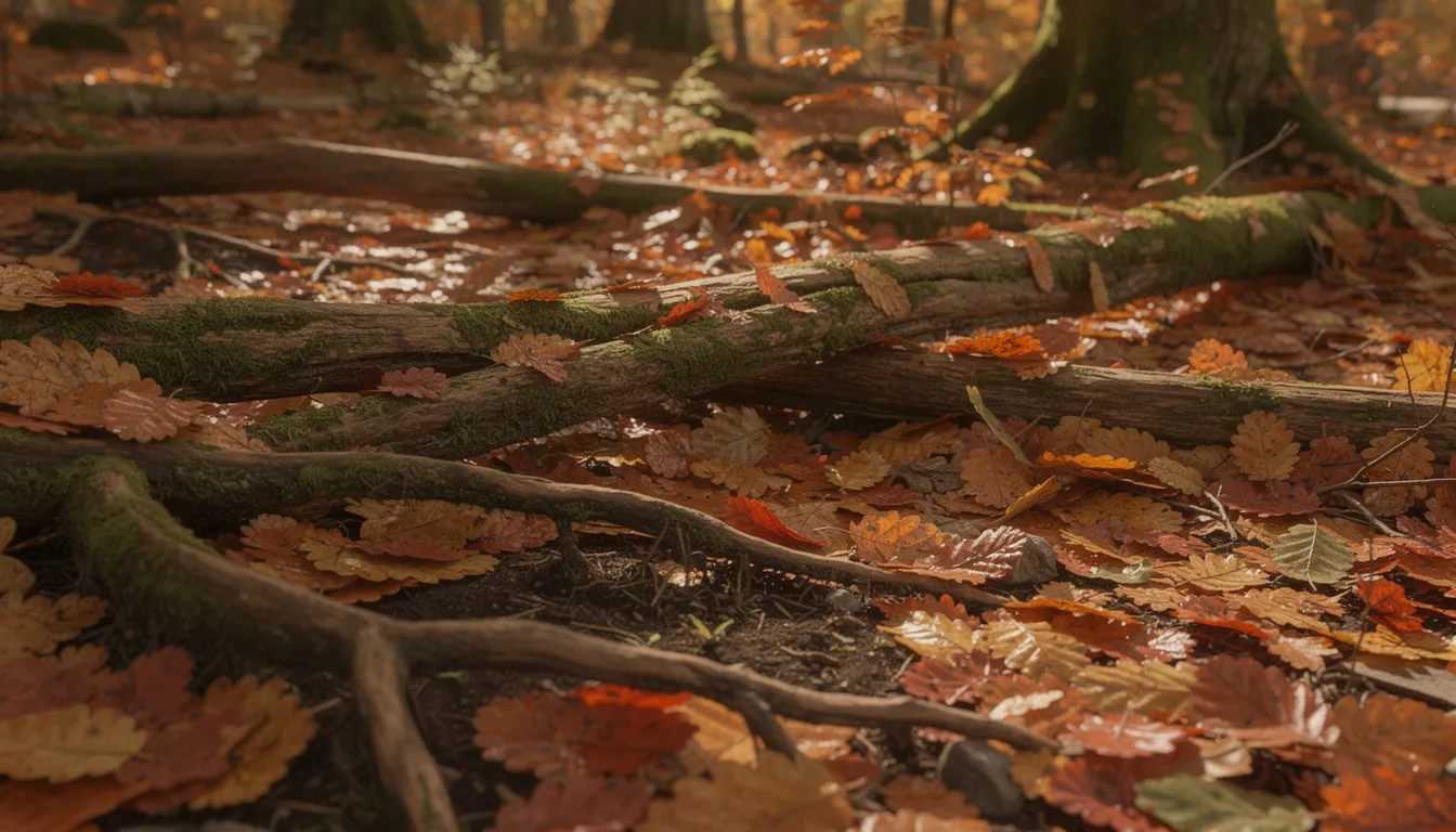 The image depicts a woodland floor blanketed in vibrant autumn leaves, with fallen logs and exposed tree roots creating a natural habitat. Among the decaying vegetation, various millipede species, including the white legged snake millipede, can be seen slowly moving, contributing to the nutrient recycling function of the ecosystem.
