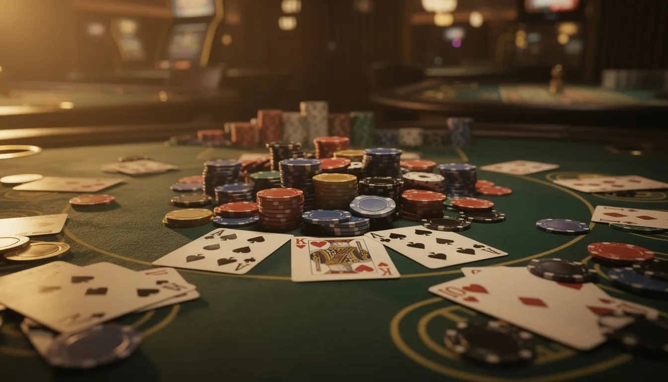 En stämningsfull bild av ett casinospel där spelkort och marker ligger på ett grönt bord, vilket skapar en inbjudande atmosfär för spelare att njuta av live casino-upplevelser. Denna scen fångar känslan av spänning och förväntan i ett online casino.