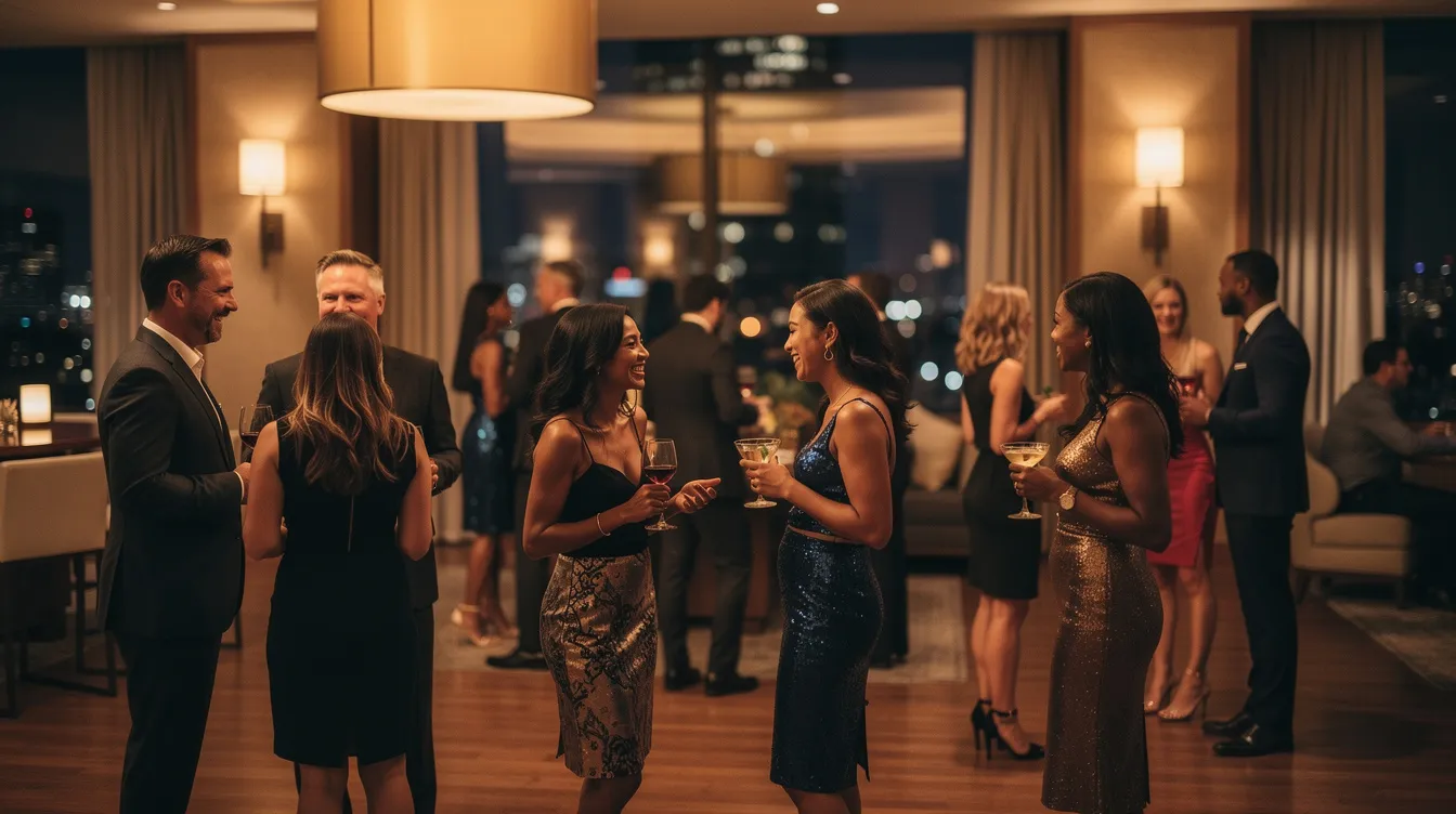 The image depicts a lively upscale singles event where men and women are mingling in a warm indoor venue, engaging in conversations that reflect their self-assurance and emotional intelligence. Attendees, embodying the qualities of high value individuals, are seen sharing their aspirations and life experiences, creating a community focused on self-development and meaningful connections.