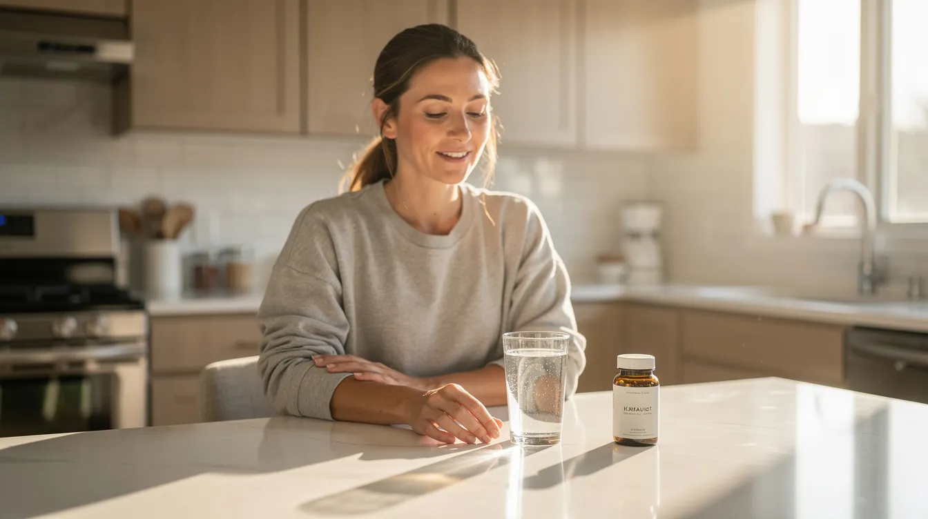 A person sits at a kitchen counter bathed in morning light, holding a glass of water next to a small bottle of gummy supplements, which may include ingredients like lion's mane and reishi mushrooms. The scene evokes a sense of well-being and a healthy daily routine, highlighting the delicious taste and potential cognitive benefits of these functional mushroom gummies.
