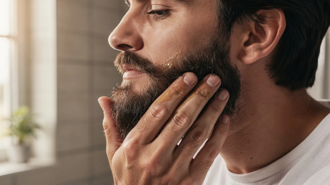 A man is massaging batana oil into his beard using his palms, applying it in circular motions to ensure it penetrates deep into the hair shaft and nourishes the skin beneath. This daily routine promotes healthy beard growth, enhances natural shine, and helps combat dryness and beard dandruff.