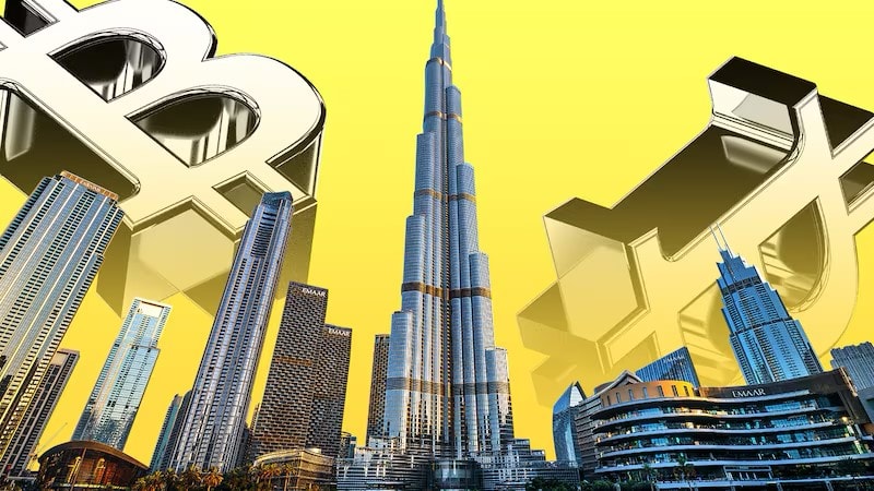 An illustration of the Dubai skyline with worlds tallest building and Bitcoin image. 