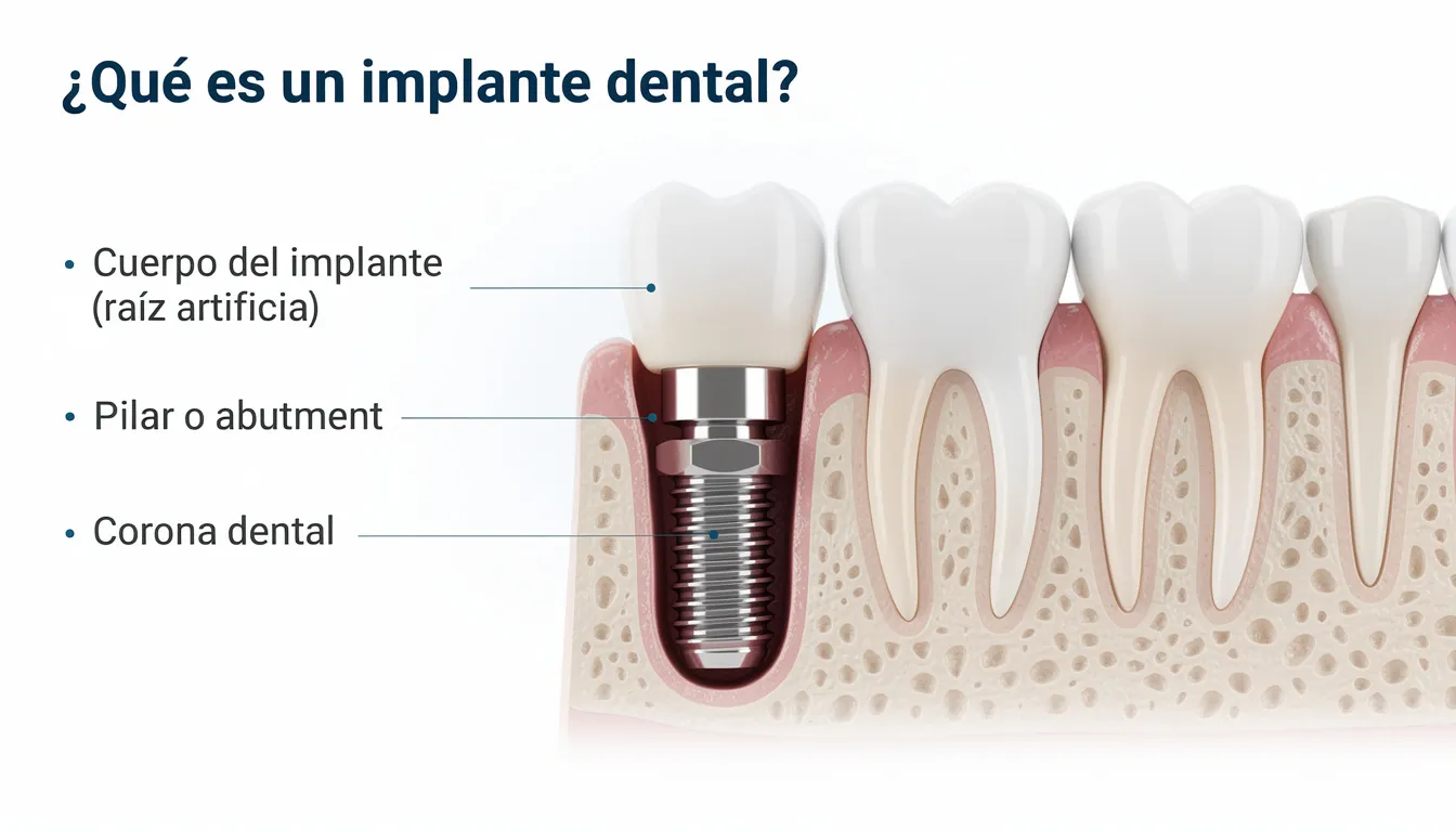 Imagen que ilustra un implante dental, mostrando las tres partes principales: el tornillo de titanio que actúa como la raíz, el pilar que conecta con la prótesis y la corona dental que restaura la estética y funcionalidad. Esta representación es esencial para entender el procedimiento de colocación de implantes dentales en Zaragoza.
