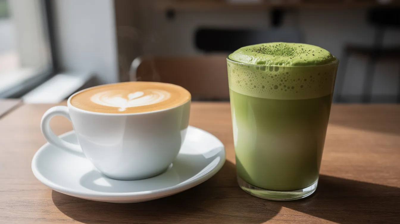 Auf dem Bild sind zwei Latte-Getränke nebeneinander auf einem Holz-Café-Tisch platziert. Links befindet sich ein cremiger Kaffee-Latte mit einem Herz-Muster aus Milchschaum in einer Keramiktasse, während rechts ein Matcha-Latte mit grünem Matcha-Schaumkunstwerk in einem Glas serviert wird.