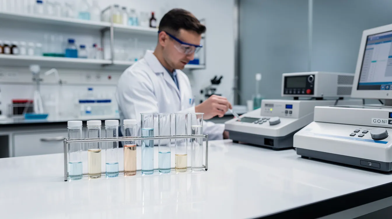 A laboratory technician is carefully analyzing glass vials and using various analytical instruments on a clean white countertop, as they work with hemp derived products. This setting emphasizes the importance of compliance with federal law regarding cannabis plants and the legal status of substances like delta 9 THC and THCA in Virginia.