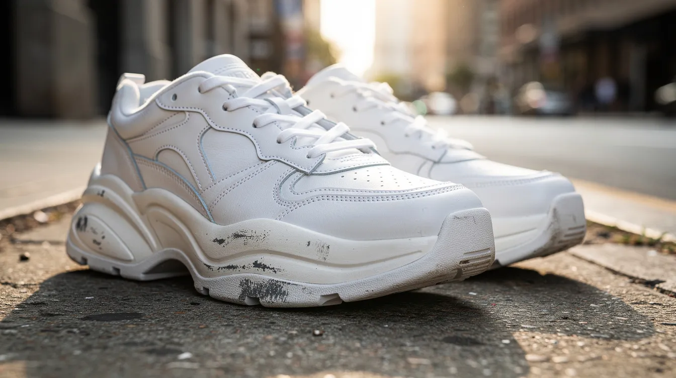 A pair of retro-styled white sneakers with chunky soles rests on a city sidewalk, showcasing their classic design and sporty vibe. The smooth leather and cushioned insole make them an extremely comfortable choice for casual wear.