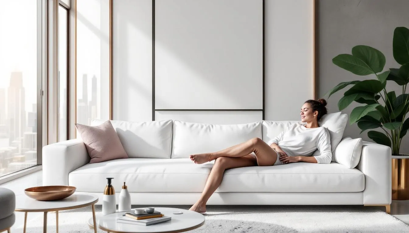 A satisfied customer enjoying their freshly cleaned sofa, showcasing the benefits of hiring professional sofa cleaners in Dubai.