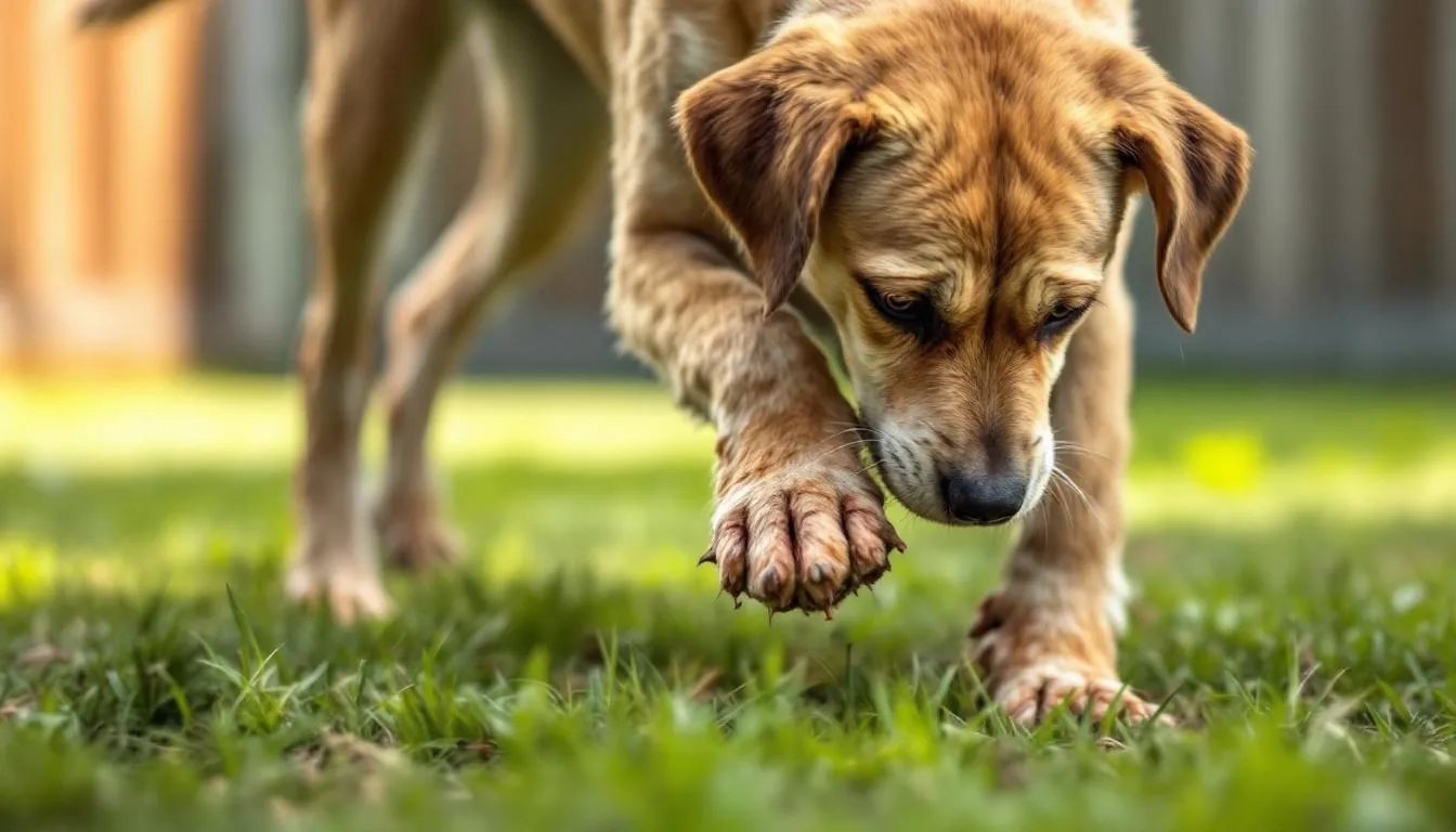 A dog is shown walking with a noticeable discomfort, highlighting the impact of paw pad hyperkeratosis on its mobility, with thickened, cracked skin on its paws indicating potential pain and affecting the dog