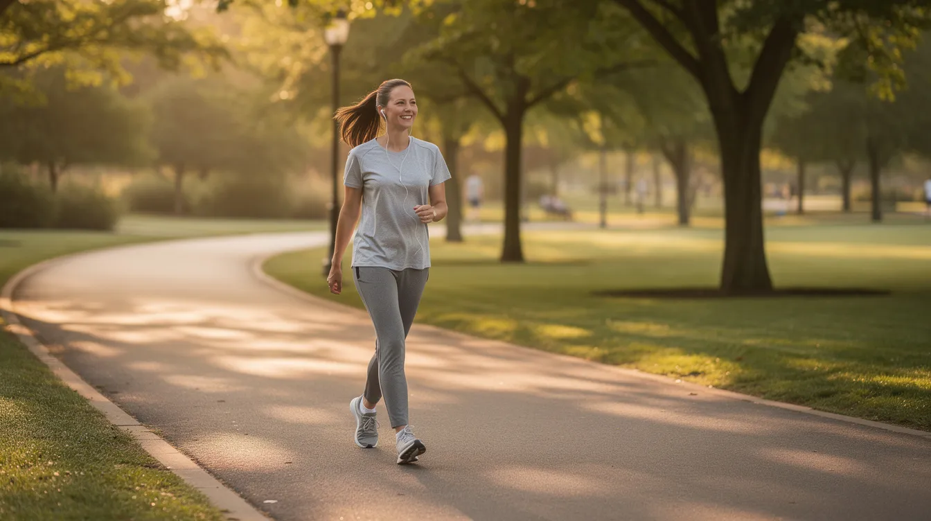 A woman is gently walking along a serene outdoor path, embodying a sense of calm and relaxation during her breast lift recovery journey. This light walking activity supports healing and promotes circulation, essential aspects of the recovery process post-surgery.