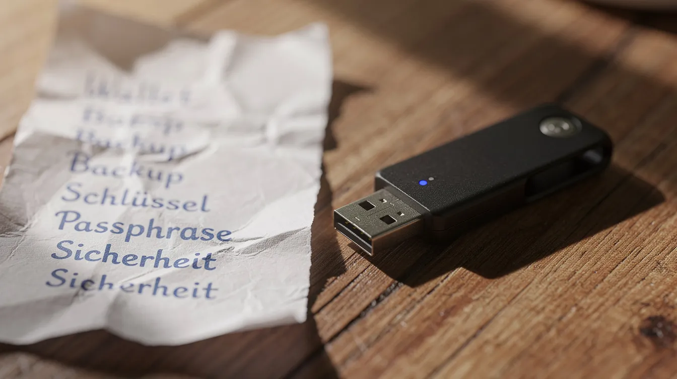 Auf einem Holztisch liegt ein kleines USB-ähnliches Gerät, das als Hardware-Wallet für Kryptowährungen dient, neben einer handgeschriebenen Wörterliste auf Papier, die möglicherweise Begriffe zum Thema Bitcoin und Krypto-Anfänger enthält. Dieses Bild vermittelt den Einstieg in den Kauf von Bitcoin und die Nutzung eines eigenen Wallets.