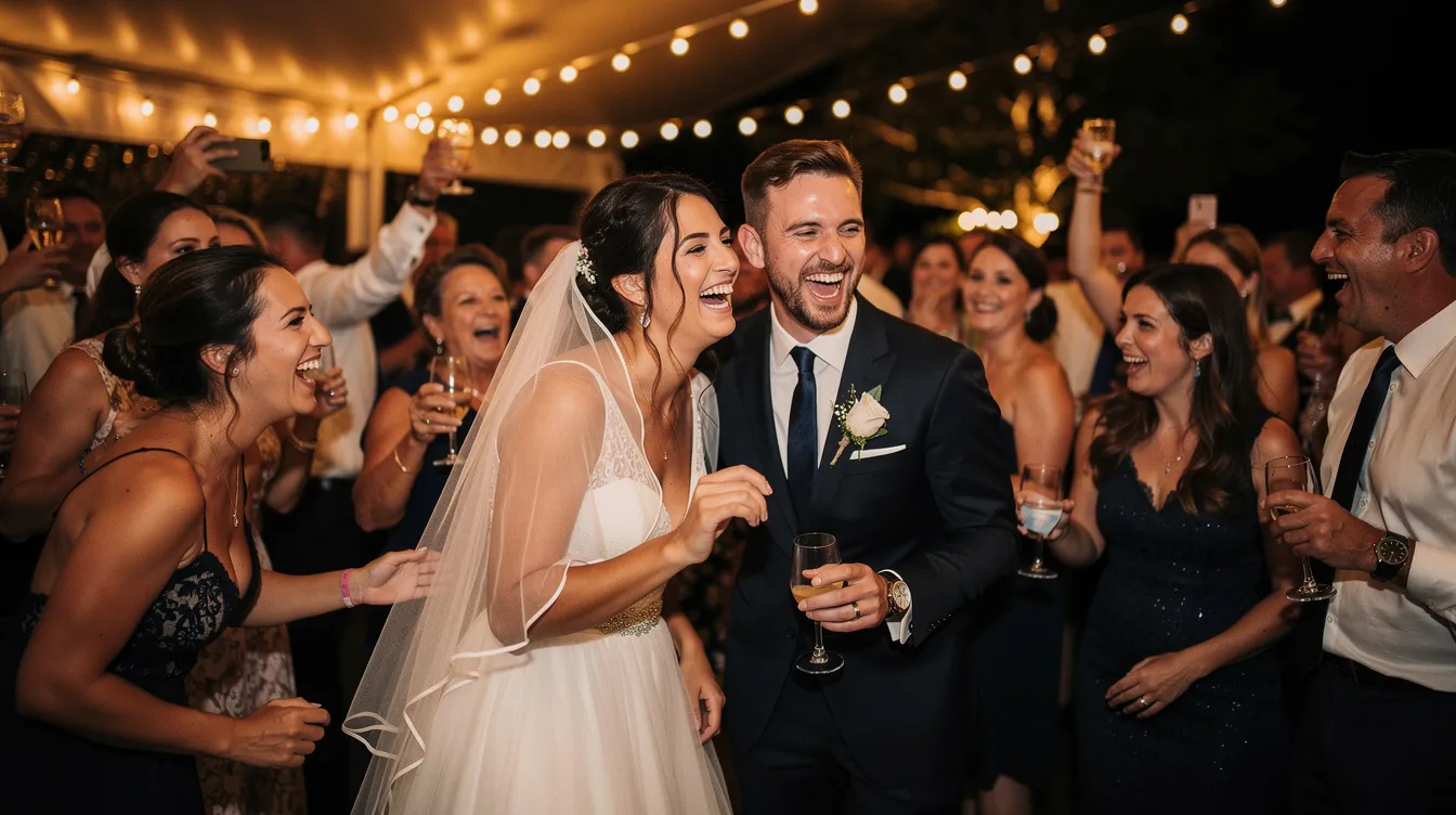 A joyful bride and groom are laughing with their friends on a lively wedding dance floor, surrounded by wedding guests dancing and enjoying the upbeat wedding party songs. The atmosphere is filled with love and celebration as everyone embraces the moment together.