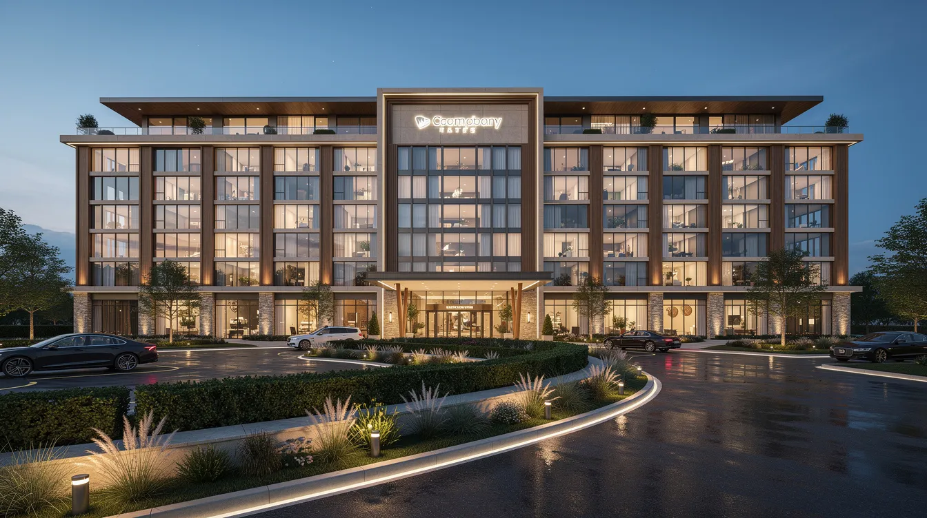 The image depicts a modern hotel building exterior at dusk, featuring a beautifully landscaped entrance and a well-defined driveway, highlighting the sophistication of the hospitality sector. This setting reflects the hotel industry's commitment to creating inviting spaces for guests, aligning with current trends in hotel design and investment in the tourism sector.