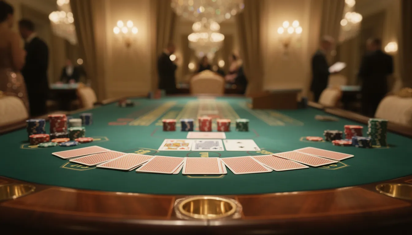 En elegant miljö med ett casinobord där spelkort och marker ligger utspridda, vilket skapar en spännande atmosfär för spelare. Bordet är omgiven av lyxiga detaljer, vilket ger en känsla av ett exklusivt live casino där man kan spela med riktiga pengar.