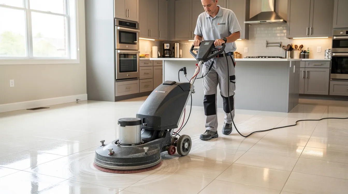 A professional cleaning technician is using a floor cleaning machine on a tile floor in a residential kitchen, demonstrating effective cleaning techniques for hard surface floors. The scene highlights the importance of maintaining quality and cleanliness in high traffic areas of the home.