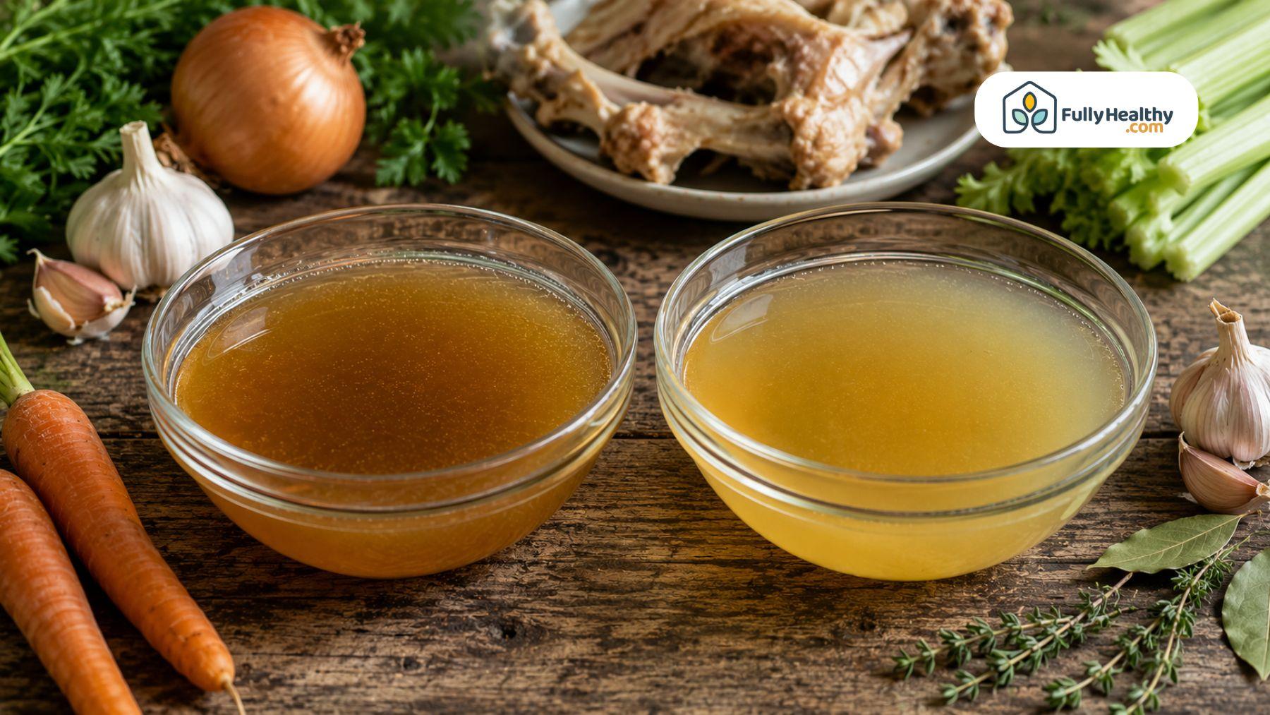 Side-by-side comparison of chicken stock and chicken broth in glass bowls with chicken bones, carrots, celery, garlic, and herbs.