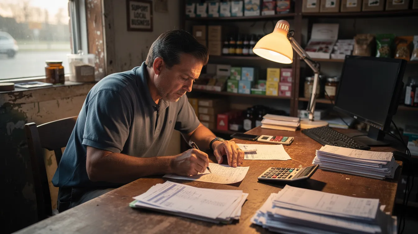 88e9eb60 b907 4df7 aae1 3ae1406c7884 A small business owner is seated at a desk in a modest shop, intently reviewing financial documents and using a calculator to assess their cash flow. The scene illustrates the importance of understanding loan eligibility criteria and financial assistance options available through schemes like the Pradhan Mantri Mudra Yojana for small enterprises.