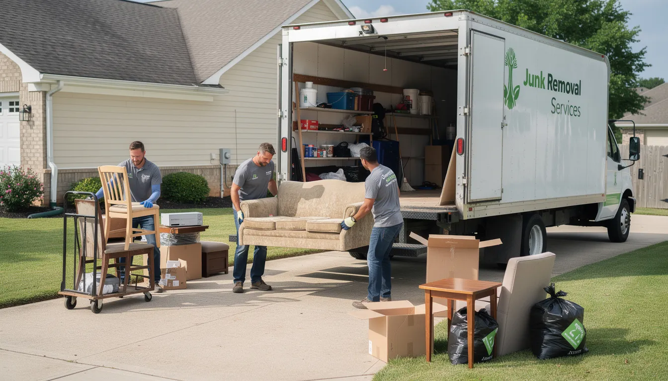 A team of experienced junk removal professionals is efficiently loading old furniture and unwanted items into a truck from a cluttered garage, aiming to transform the space into a clean and organized area. This garage cleanout service highlights their commitment to responsible disposal and customer satisfaction.