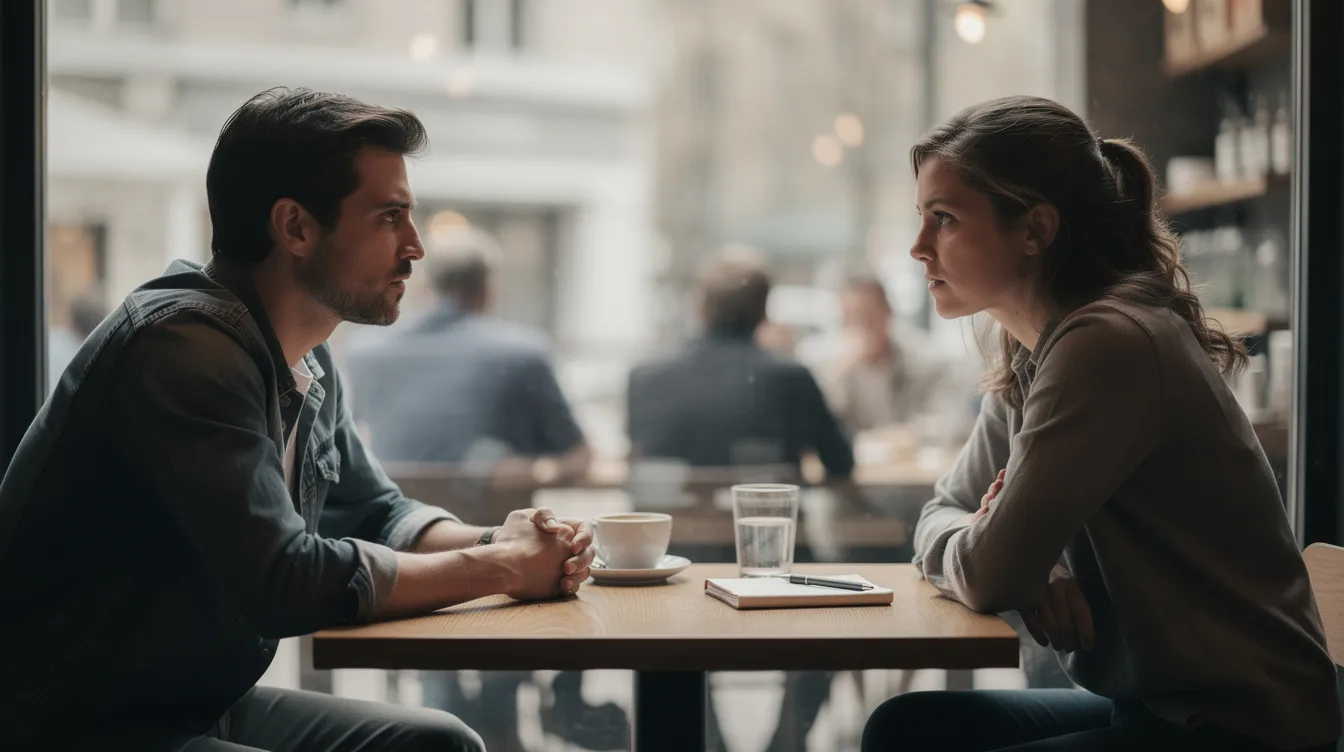 In a cozy cafe, two individuals sit at a table, engaged in a serious conversation about their future plans. Their body language suggests a deep emotional investment, possibly discussing topics like mutual respect and the importance of avoiding empty promises in their romantic relationship.