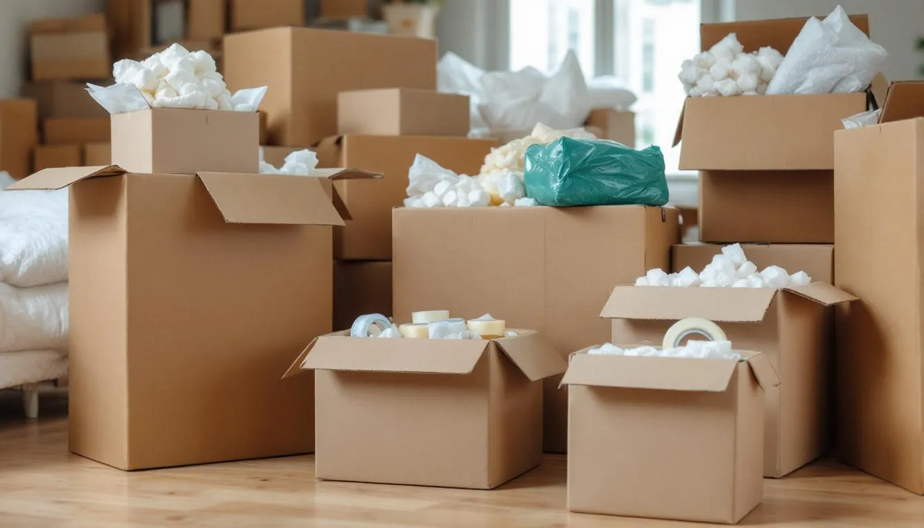 In the image, various sizes of cardboard boxes are stacked together, surrounded by packing supplies such as bubble wrap, packing tape, and packing paper, illustrating the packing process for a house move. The scene emphasizes the importance of organizing fragile items and using the correct boxes for efficient packing.