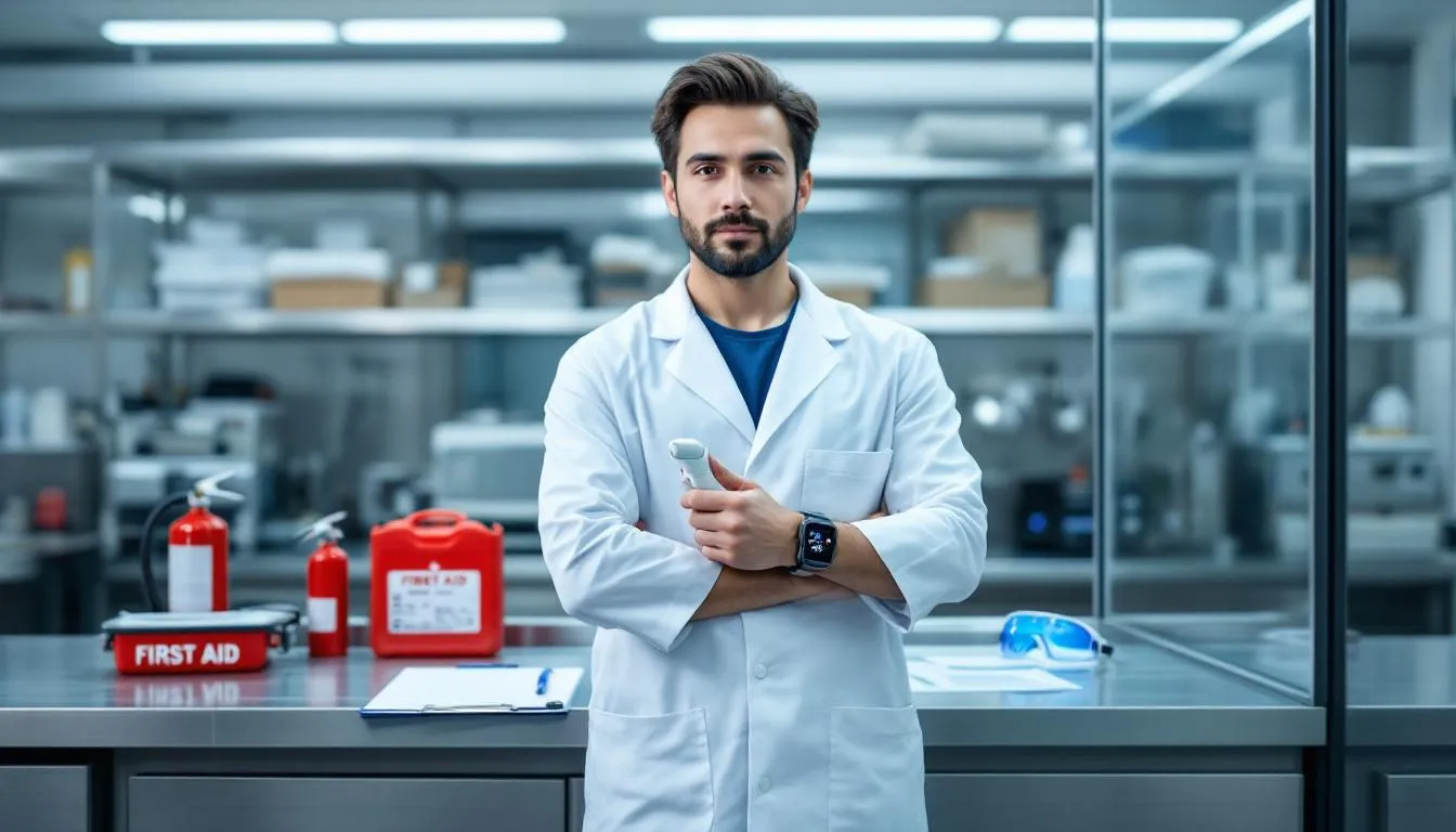The image shows a person closely monitoring their heart rate and temperature while surrounded by safety equipment, emphasizing the importance of health and safety during infrared sauna therapy. This practice is known for its health benefits, including aiding in detoxification and improving overall well-being after exercise.